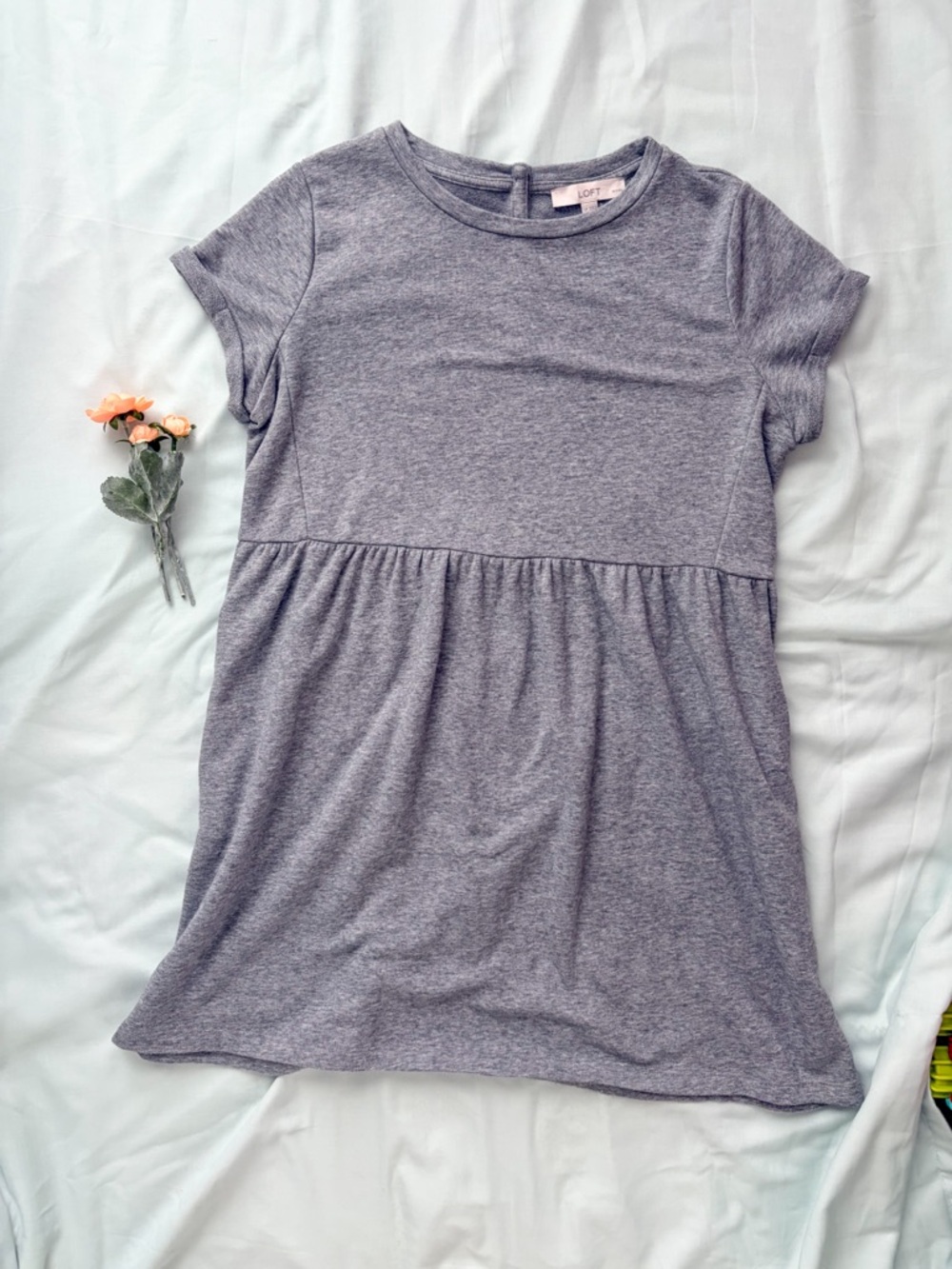 LOFT Petites Grey Short Sleeve Babydoll Mini Dress Pockets LP
